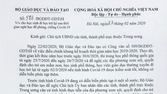 Bộ Giáo dục đề nghị cho học sinh từ mầm non đến THCS nghỉ thêm 1-2 tuần