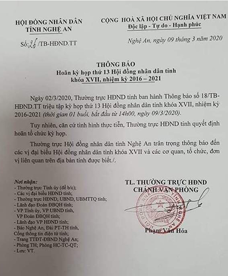 Thông báo hoãn kỳ họp thứ 13 HĐND tỉnh chiều nay