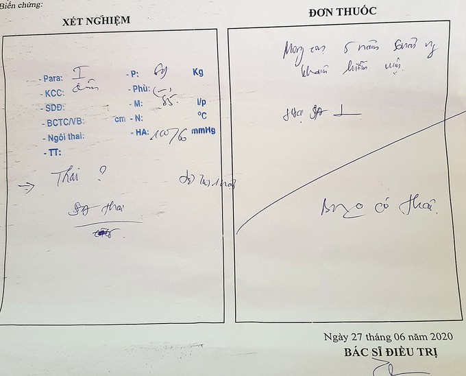 Phiếu khám bệnh kết luận bệnh nhân ở huyện Thăng Bình, khám tại Bệnh viện Phụ sản - Nhi Đà Nẵng, không có thai. Ảnh: Đắc Thành.