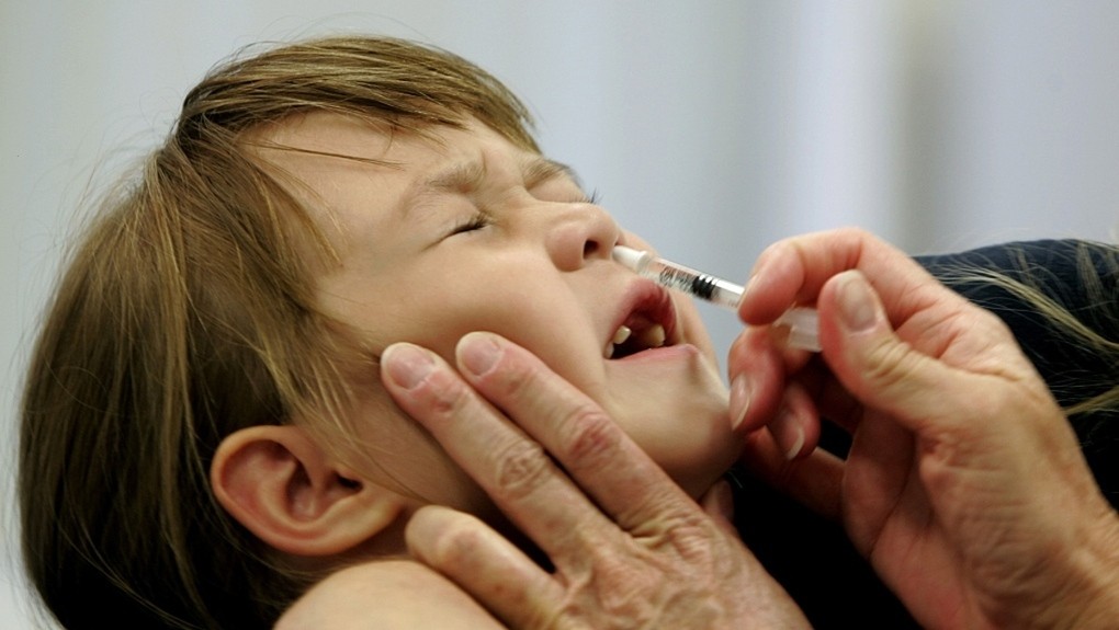 Một bé gái tại Saint Leonard được sử dụng vaccine dạng xịt mũi ngừa cúm mùa. Ảnh: AP