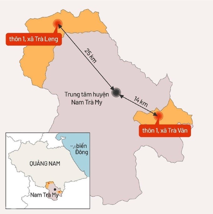 Xã Trà Leng và xã Trà Vân cách nhau 45 km; giao thông khó khăn, địa hình phức tạp, chủ yếu là gò đồi xen với ruộng bậc thang. Đồ họa: Tiến Thành.