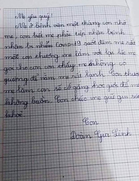 Lá thư con gái Đoàn Gia Linh gửi mẹ là điều dưỡng ở tâm dịch Hải Dương. Ảnh: Nhân vật cung cấp