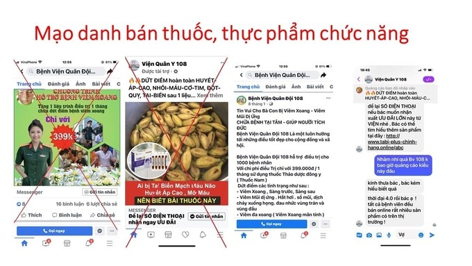 Trang fanpage được Bệnh viện 108 khẳng định là mạo danh để bán thuốc, thực phẩm chức năng. Ảnh: Bệnh viên cung cấp.