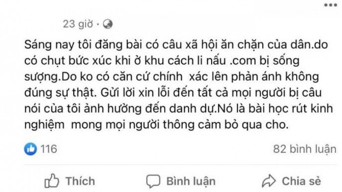 Sau đó, cá nhân này đã đăng tải nội dung đính chính trên mạng xã hội.