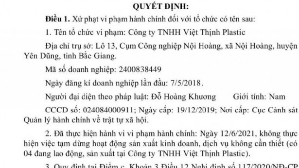 Bắc Giang: Cố tình hoạt động khi cách ly xã hội, 1 công ty bị phạt 30 triệu