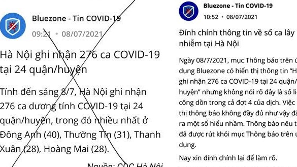 Bluezone đính chính đưa tin sai sự thật số ca nhiễm Covid-19 tại Hà Nội