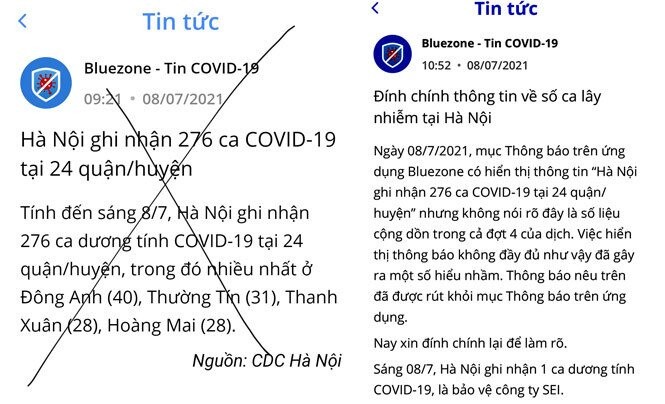 Bluezone thông tin sai về số ca nhiễm Covid-19 tại Hà Nội và đã đính chính lại thông tin sai sự thật