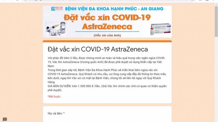 Bệnh viện đa khoa Hạnh Phúc (An Giang) thông báo nhận đăng ký tiêm vaccine Covid-19 dịch vụ (ảnh chụp lại trên website của BV)