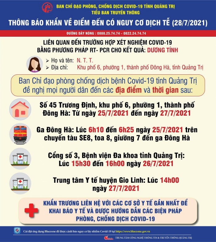 Thông báo khẩn của Ban Chỉ đạo phòng chống dịch Covid-19 tỉnh Quảng Trị trưa 28/7 về các điểm đến có nguy cơ dịch tễ