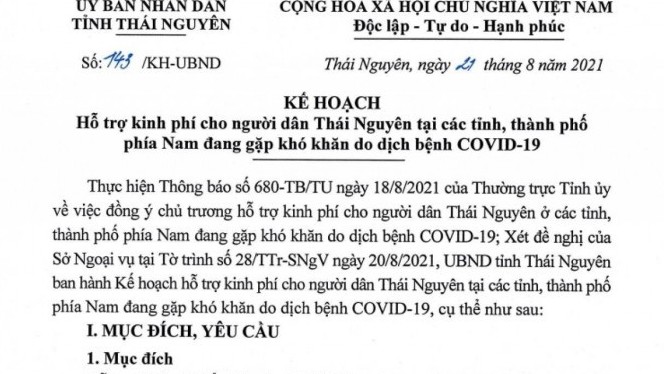 Người Thái Nguyên ở phía Nam sẽ được nhận 2 triệu đồng để chống Covid-19