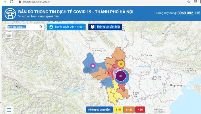 Bản đồ thông tin dịch tễ Hà Nội được chụp vào sáng 3/9 (https://covidmaps.hanoi.gov.vn)