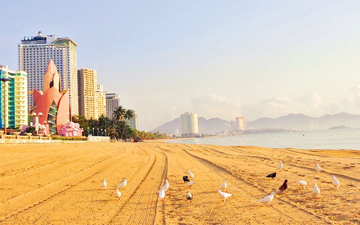 Bãi biển Nha Trang vắng lặng, không bóng người.