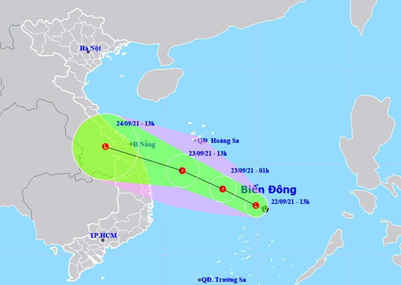 Vị trí và hướng di chuyển của vùng áp thấp. (Nguồn: nchmf.gov.vn)