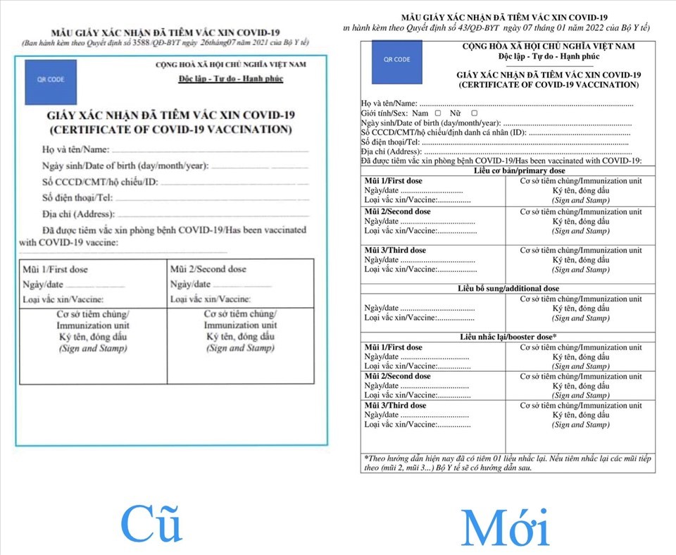 Mẫu giấy xác nhận đã tiêm vaccine Covid-19 có thêm mũi tiêm nhắc lại và bổ sung. (Ảnh: Bộ Y tế)