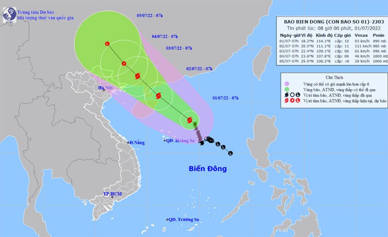 Vị trí và hướng di chuyển của bão số 1. (Nguồn: nchmf.gov.vn)