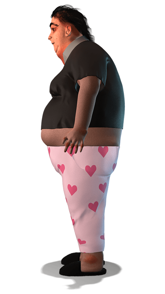 Mô hình Susan nhìn nghiêng, thấy rõ bụng phệ, lưng gù và khớp ngón tay tấy đỏ. Ảnh: DirectlyApply