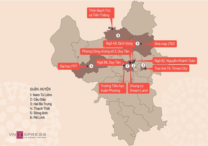 10 điểm bị phong tỏa tại Hà Nội, ngày 2/2. Đồ họa: Tiến Thành.