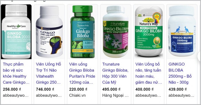 Nhan nhản sản phẩm thực phẩm chức năng có chứa Ginkgo Biloba được bán trên thị trường
