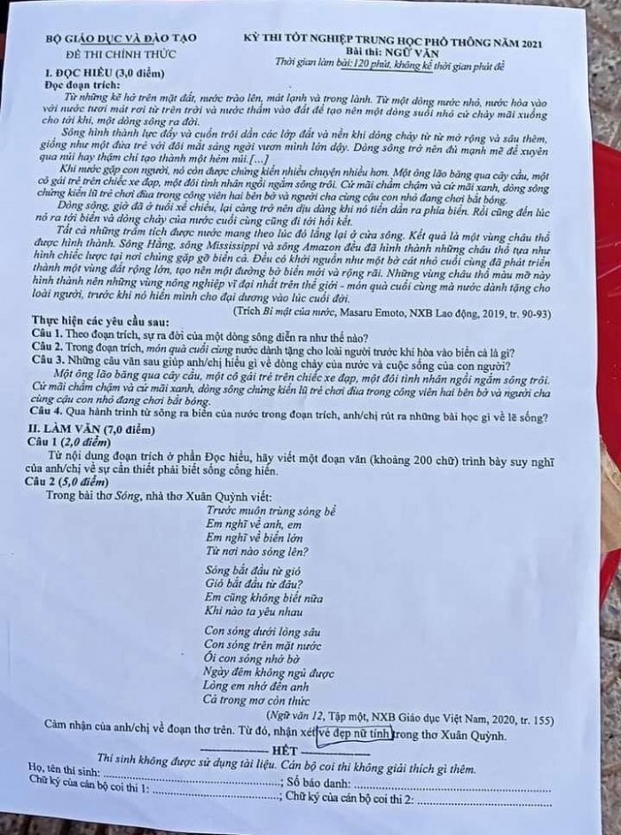 Đề thi môn Ngữ văn tốt nghiệp THPT Quốc gia 2021