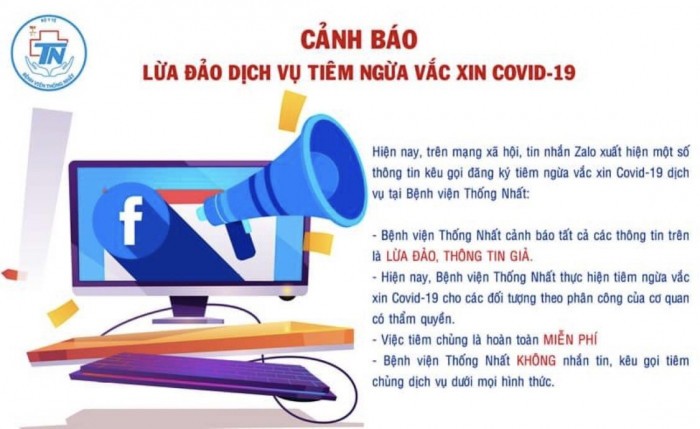 Bệnh viện Thống Nhất cảnh báo việc tiêm vaccine Covid-19 dịch vụ trên các trang mạng quảng cáo là giả. Ảnh chụp màn hình