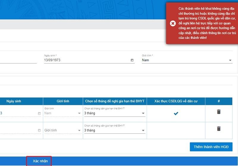 Màn hình xác thực thông tin.