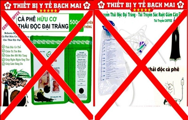 Dụng cụ và cà-phê để thụt bán tràn lan trên mạng với giá rẻ, thậm chí nhái tên và logo của Bệnh viện Bạch Mai.
